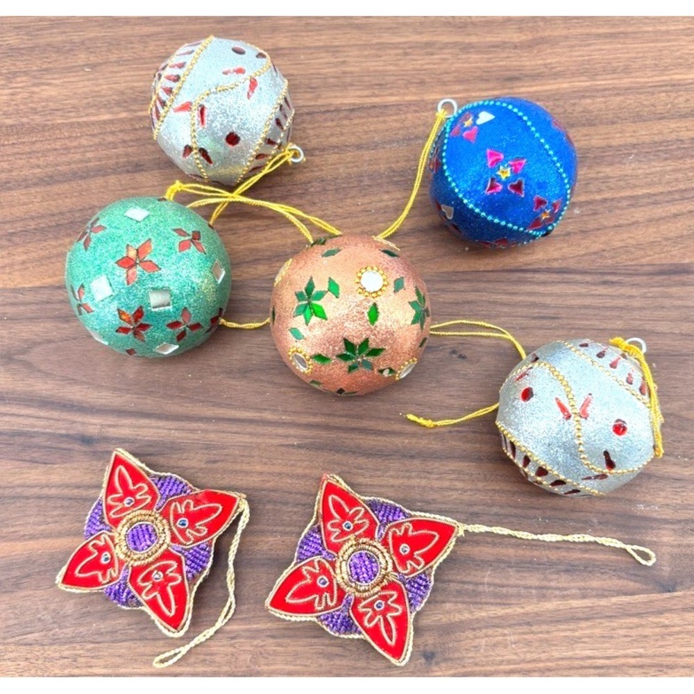 Lot of 7 Handmade Christmas Ornaments Glitter Ball Beaded Fabric Holiday Decor